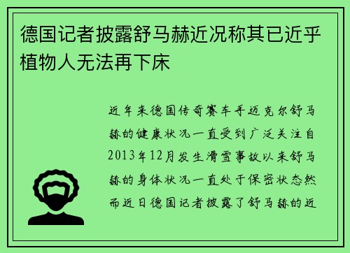 德国记者披露舒马赫近况称其已近乎植物人无法再下床